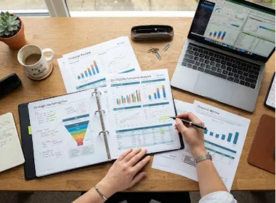 Planning materials and analytics reports on a desk